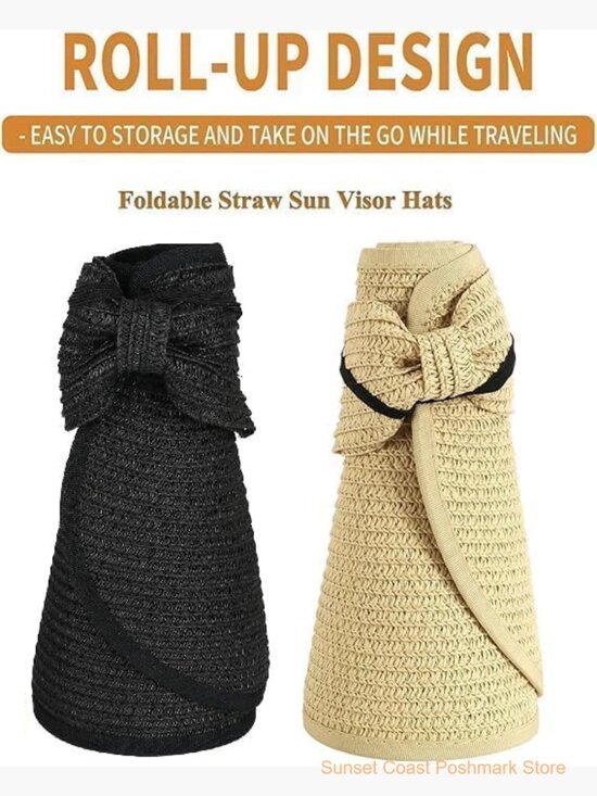 Foldable Straw Sun Visor Hat Wide Brim Ponytail Summer Beach main image 4